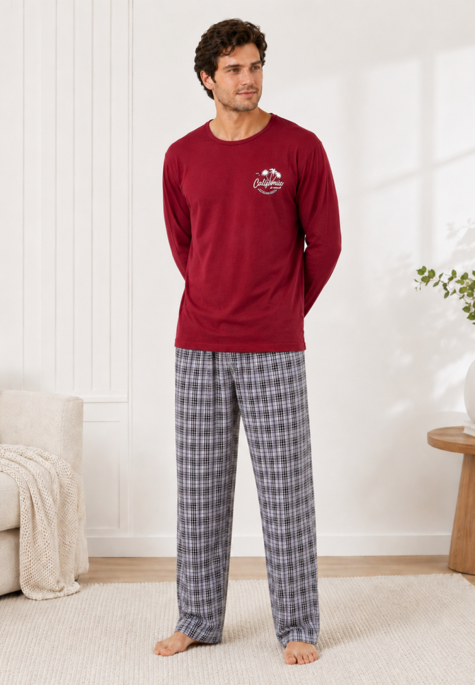 Pijama barbat Serena cu maneca lunga si pantalon lung-Bordo, Engros